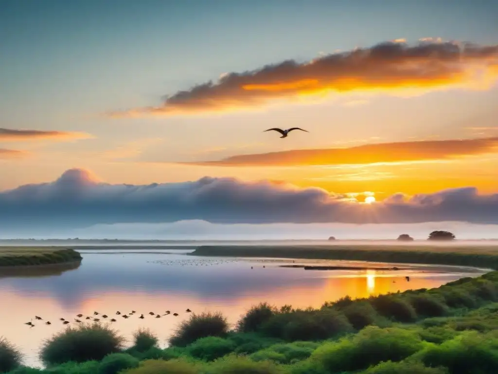 Amanecer sereno en humedales de Uruguay: biodiversidad y belleza natural Amanecer sereno sobre humedales uruguayos con aves nativas en vuelo