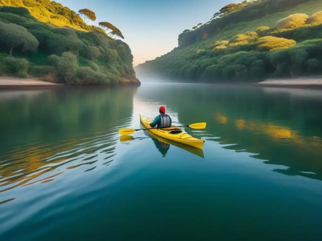 Kayak en Uruguay: Serenidad en el río Un sereno río en Uruguay con un kayak deslizándose en aguas tranquilas al atardecer