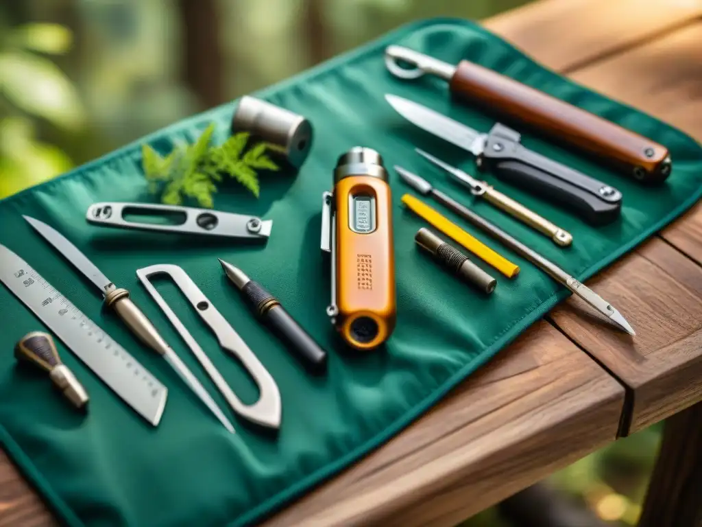 Set de herramientas multifunción: la esencia de la aventura al aire libre Un set de las mejores herramientas multifuncionales para camping brilla bajo la luz del sol, sobre una mesa de madera en un entorno natural