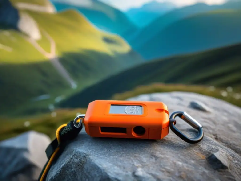 Silbato de emergencia naranja para acampar Un silbato de emergencia duradero en color naranja, con detalles intrincados y escena de camping de fondo