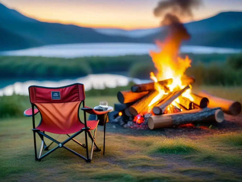 Silla de camping cómoda junto a fogata en campamento al anochecer, creando ambiente tranquilo y acogedor