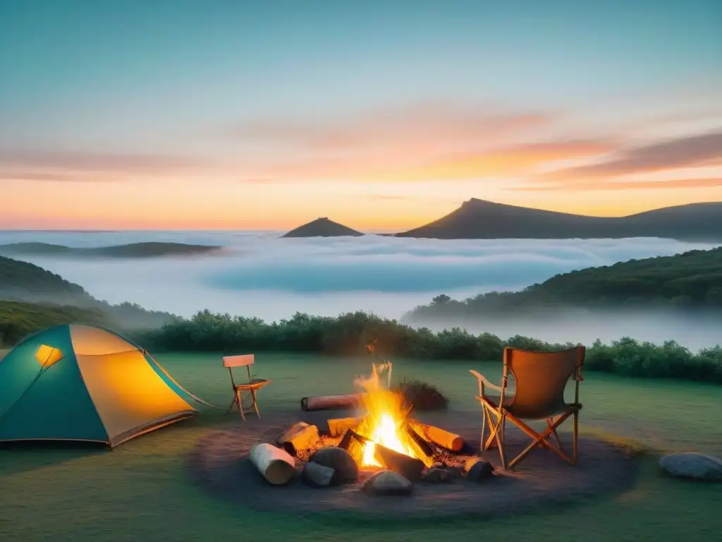 Silla de camping cómoda junto a fogata al atardecer en Uruguay