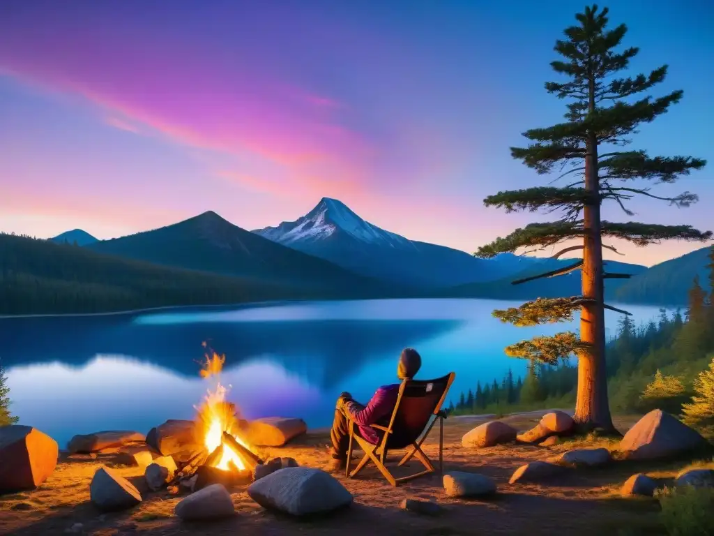 Sillas y muebles camping cómodos: Serenidad al anochecer en un campamento, con una silla junto al fuego y una persona contemplando las estrellas