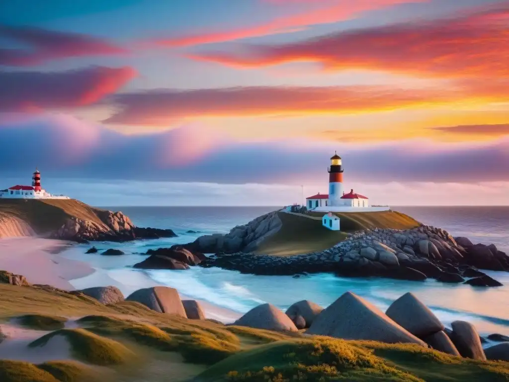 Puesta de sol en Cabo Polonio: tiendas de camping y faro icónico Siluetas de carpas rústicas en un vibrante atardecer en Cabo Polonio, Uruguay