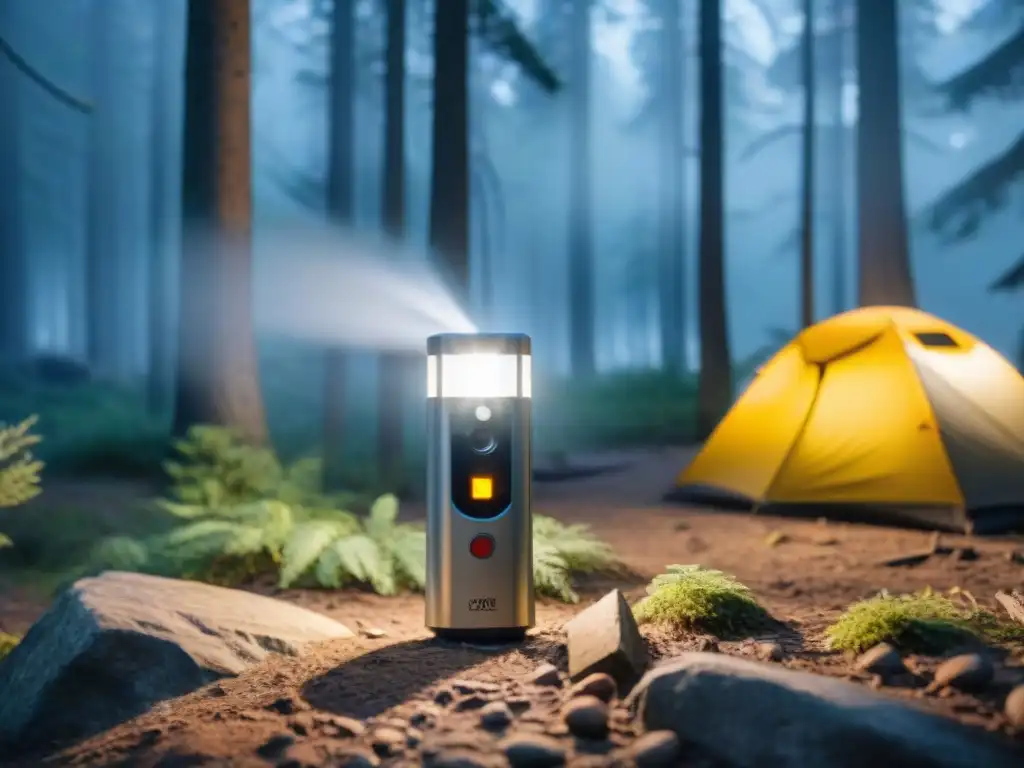 Sistema de alarma de camping de alta tecnología en acción Sistema de alarma para camping moderno capturando intruso en la noche entre árboles