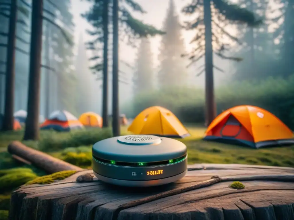 Sistema de detección de incendios de última generación para campings Sistema de detección de incendios de vanguardia en camping, con sensores avanzados entre árboles y tiendas, mostrando datos en tiempo real