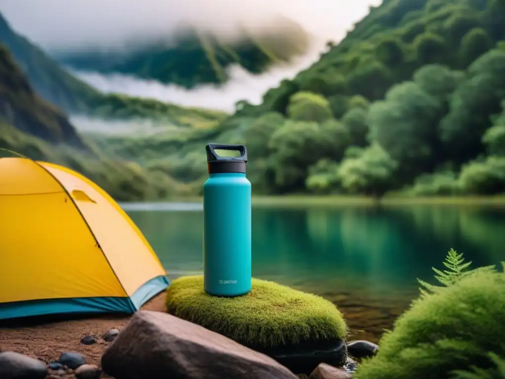 Purificación de agua en camping: filtro portátil en acción Un sistema portátil de depuración de agua en camping purifica agua cristalina en un entorno natural de acampada