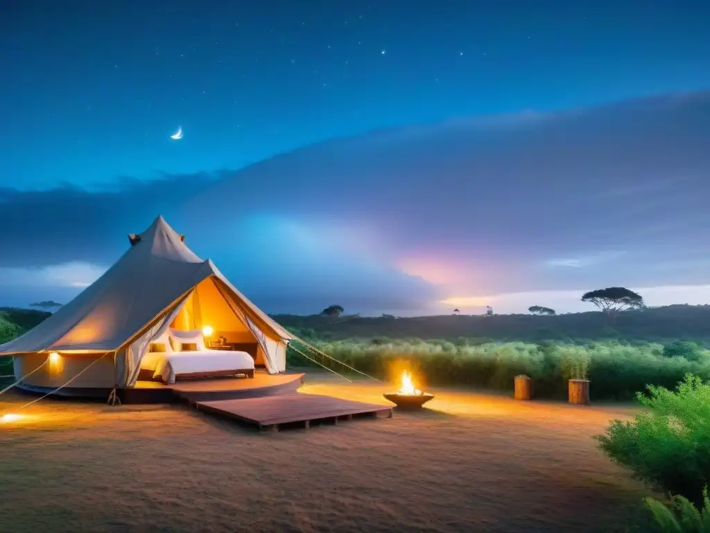 Glamping de lujo en Uruguay: serenidad y naturaleza al atardecer Un sitio de glamping económico en Uruguay al anochecer, con una tienda lujosa iluminada entre vegetación frondosa y cielo estrellado