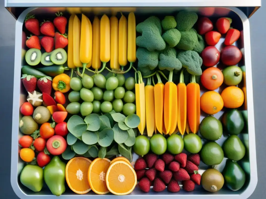 Deliciosos snacks deshidratados: frutas y verduras coloridas en bandeja Snacks deshidratados para camping ecológicos: Detalle vibrante de frutas y verduras en deshidratador solar