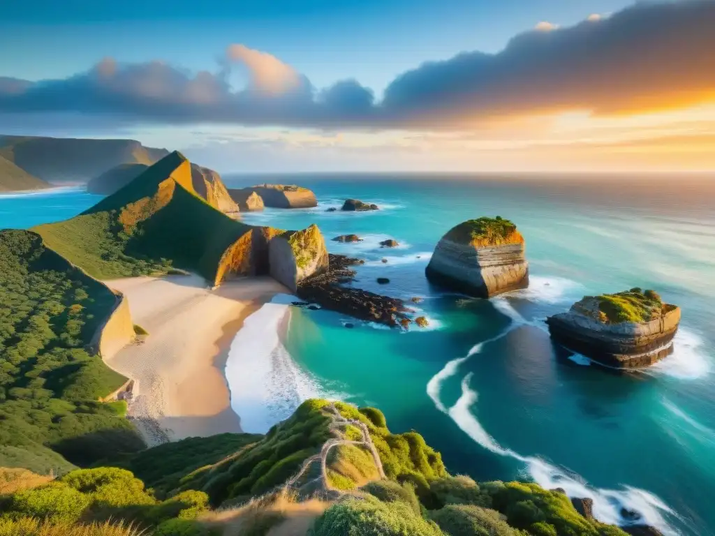 Puesta de sol épica en Parque Nacional Santa Teresa, Uruguay El sol dorado se pone sobre el Parque Nacional Santa Teresa en Uruguay, iluminando acantilados y el océano