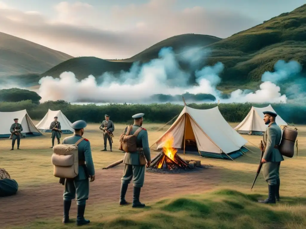 Soldados históricos montan campamento en Uruguay Soldados de diferentes épocas montando campamento en Uruguay, ilustrando la historia del camping en el país