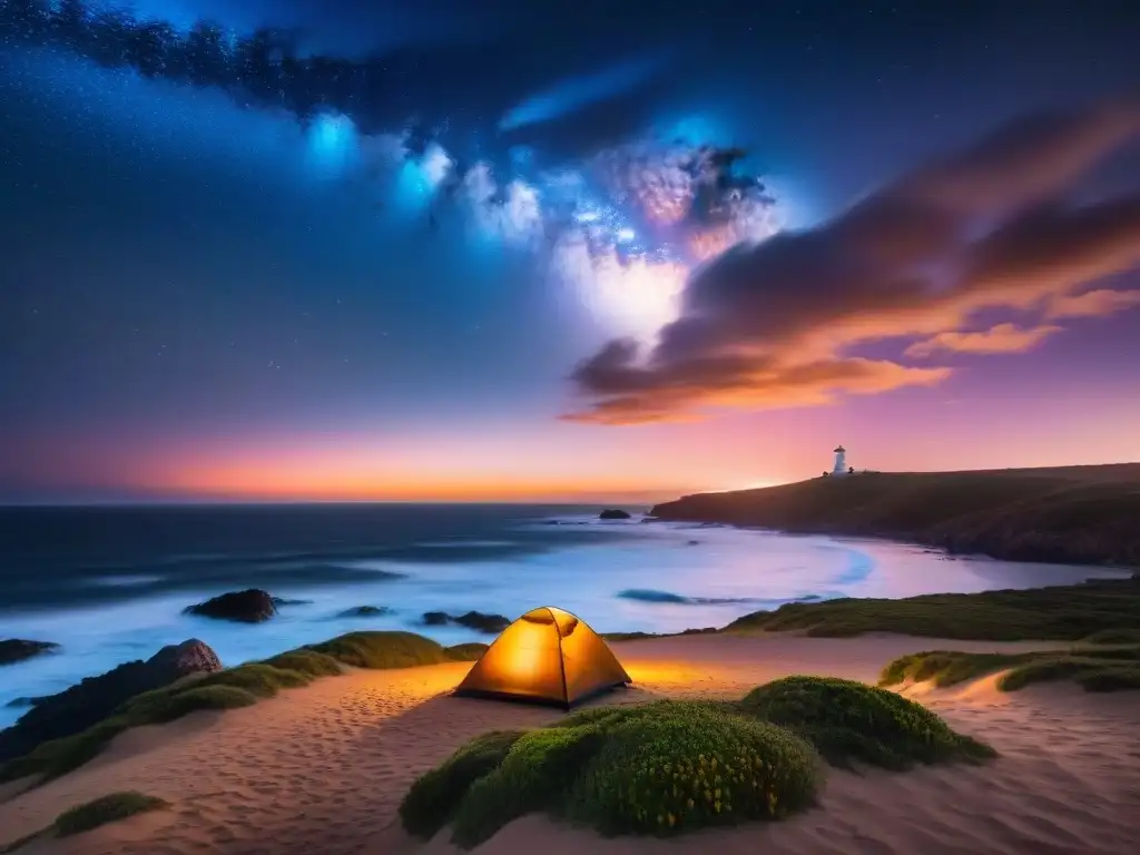 Campamento solitario al atardecer en Cabo Polonio, Uruguay Camper solitario disfruta atardecer en Cabo Polonio, Uruguay