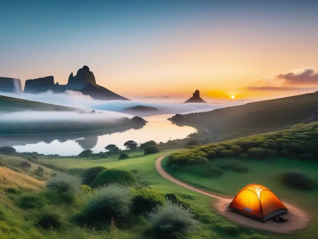 Paisaje uruguayo al atardecer: río, aves y acampada sostenible Un solitario campista preservando la belleza del camping en Uruguay junto a un río al atardecer