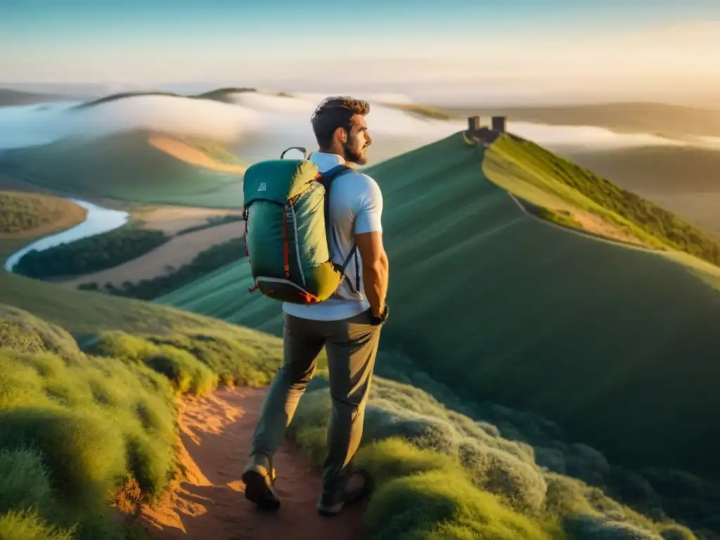 Exploración en Uruguay: Hiker solitario bajo el atardecer dorado Un solitario excursionista con mochila técnica ultraligera recorre los paisajes de Uruguay al atardecer