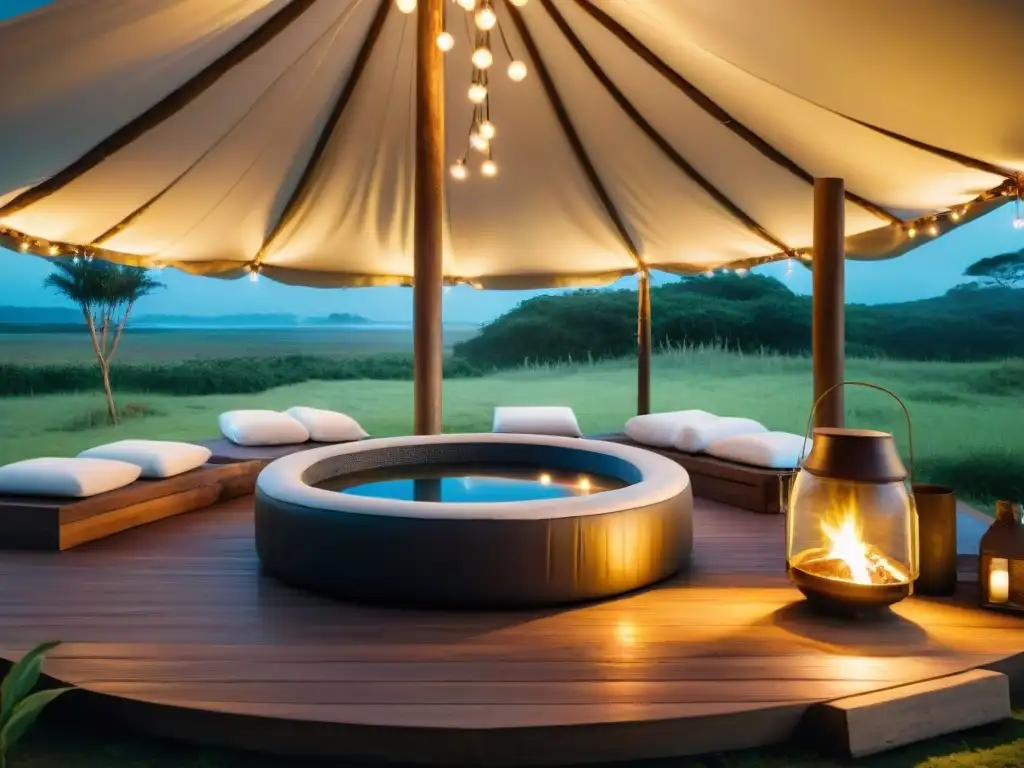 Spa portátil bajo luces mágicas en glamping de lujo en Uruguay Un spa portátil en un sitio de glamping en Uruguay, rodeado de luces de hadas, fuego y vegetación exuberante