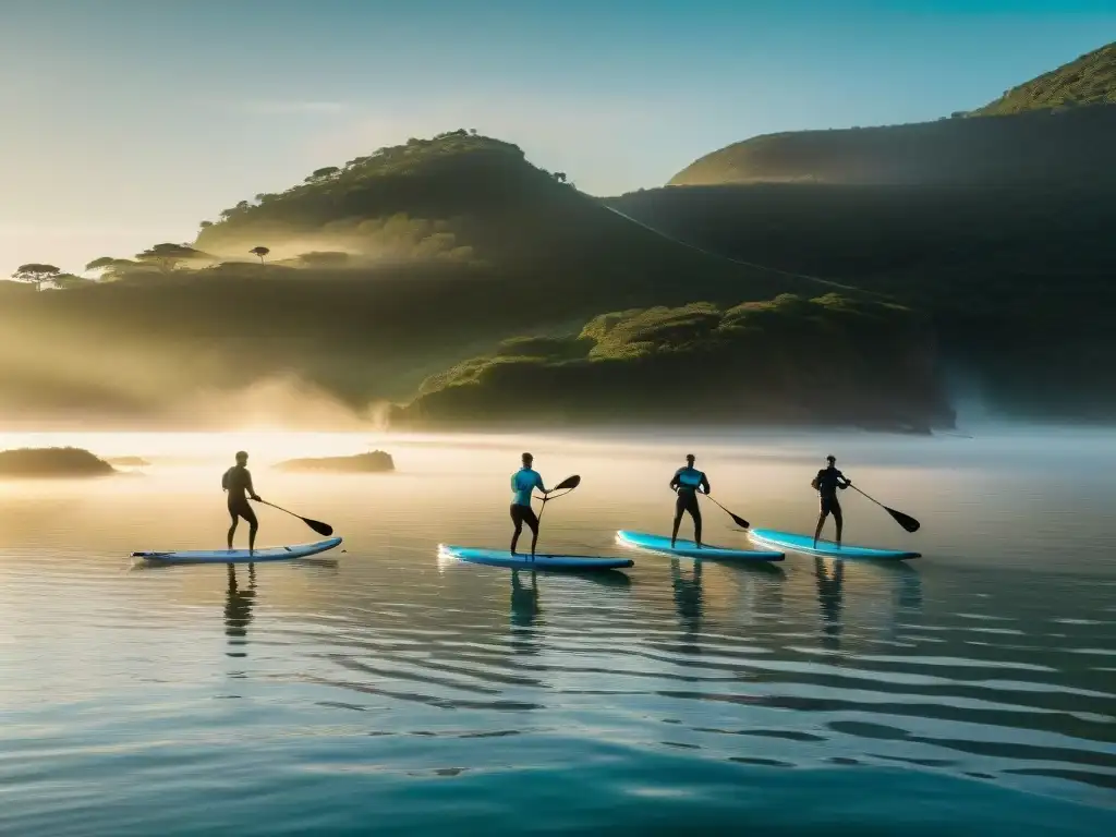 Surfistas al amanecer en Laguna Garzón: Aventura en Uruguay Surf de remo en camping: Amanecer sereno en Laguna Garzón, paddle surfistas surcan aguas doradas
