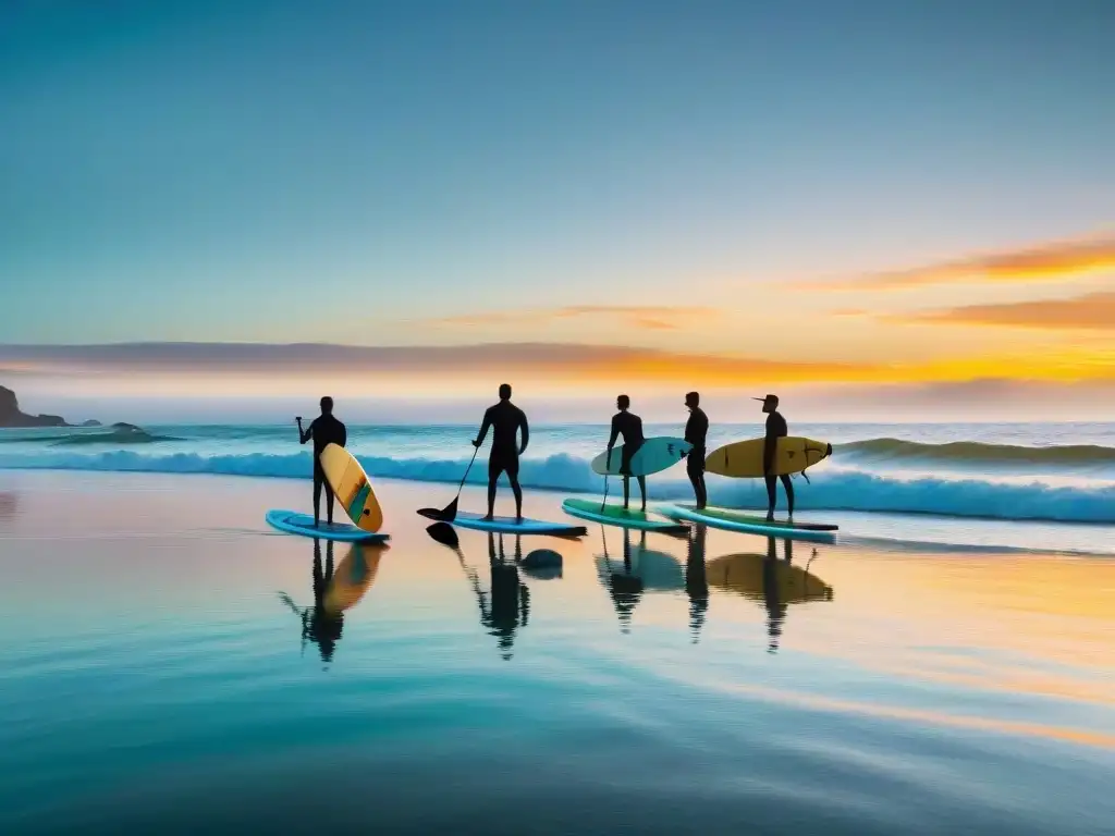 Paddleboarding al atardecer: surcando aguas uruguayas Surf de Remo en Camping: Surfeadores en paddleboards bajo el atardecer en playa uruguaya