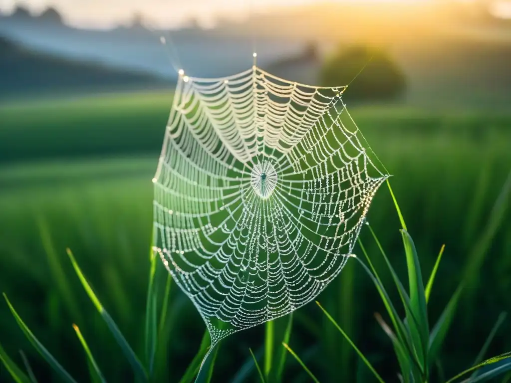 Telaraña con rocío en el campo uruguayo Telaraña brillante en paisaje uruguayo: señales naturaleza orientación camping Uruguay