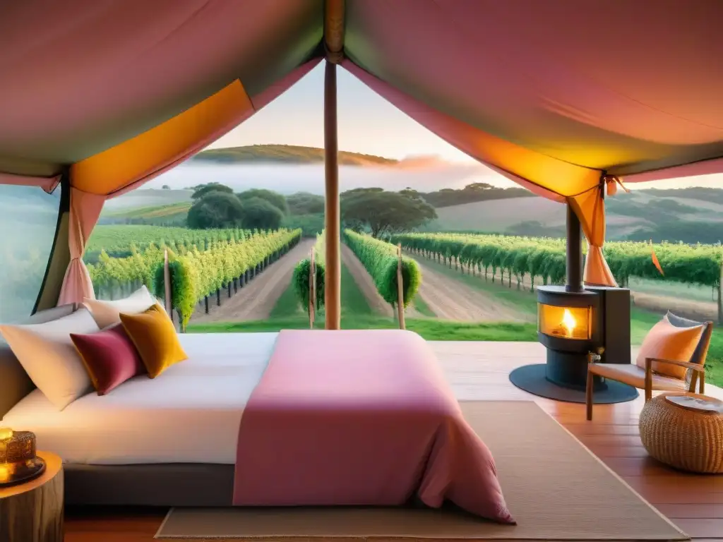 Tienda de lujo en viñedo al atardecer en Uruguay Un tentador glamping inolvidable en Uruguay: tienda de lujo en viñedo al atardecer