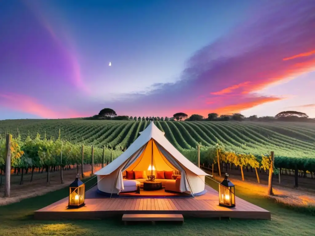 Experiencia de glamping de lujo en viñedos uruguayos al atardecer Un tentador glamping inolvidable en Uruguay: tienda de lujo entre viñedos al atardecer