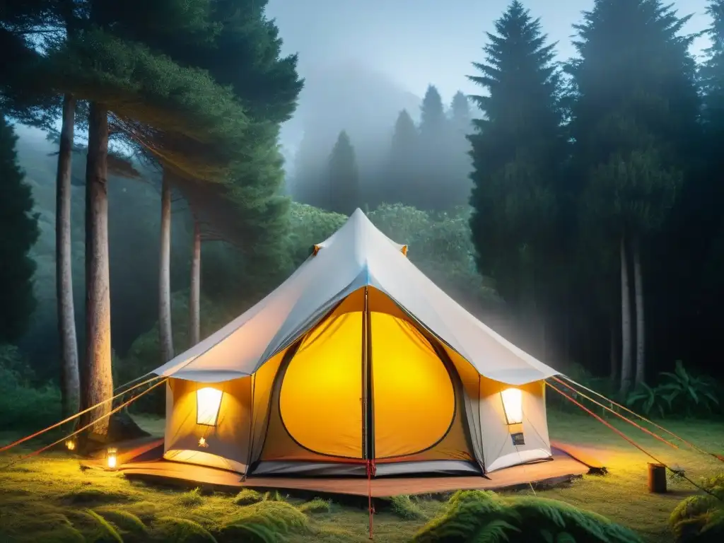 Tienda de lujo en bosque verde: confort y estilo en la naturaleza Tienda de campaña de alta gama iluminada en el bosque de Uruguay, creando un ambiente acogedor y lujoso
