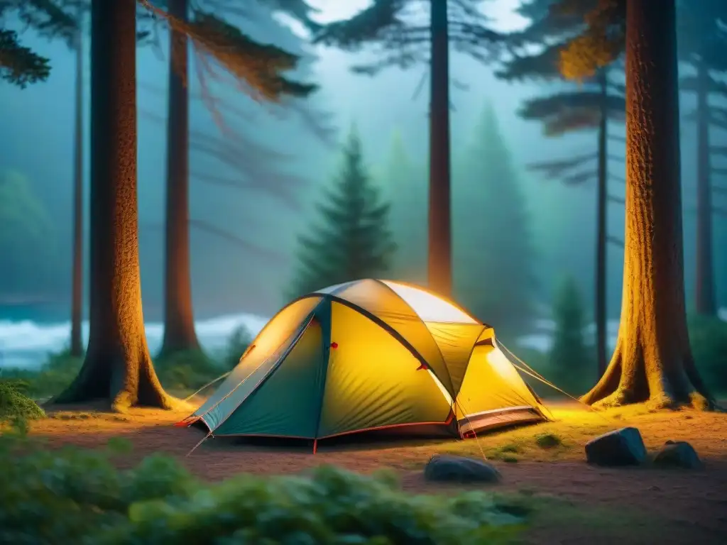 Tienda de campaña premium en entorno natural exuberante Una tienda de campaña de alta gama destaca en un entorno natural, perfecta para comparativa tiendas campaña alta gama