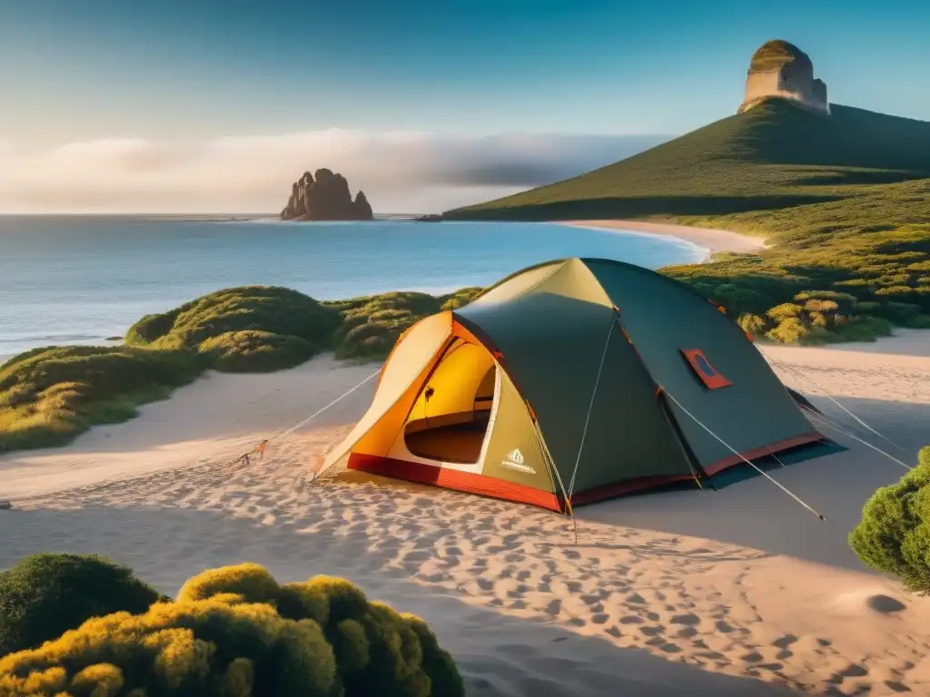 Tienda de lujo en la playa de Uruguay: camping de alta gama Tienda de campaña de alta gama en la playa de Uruguay al atardecer