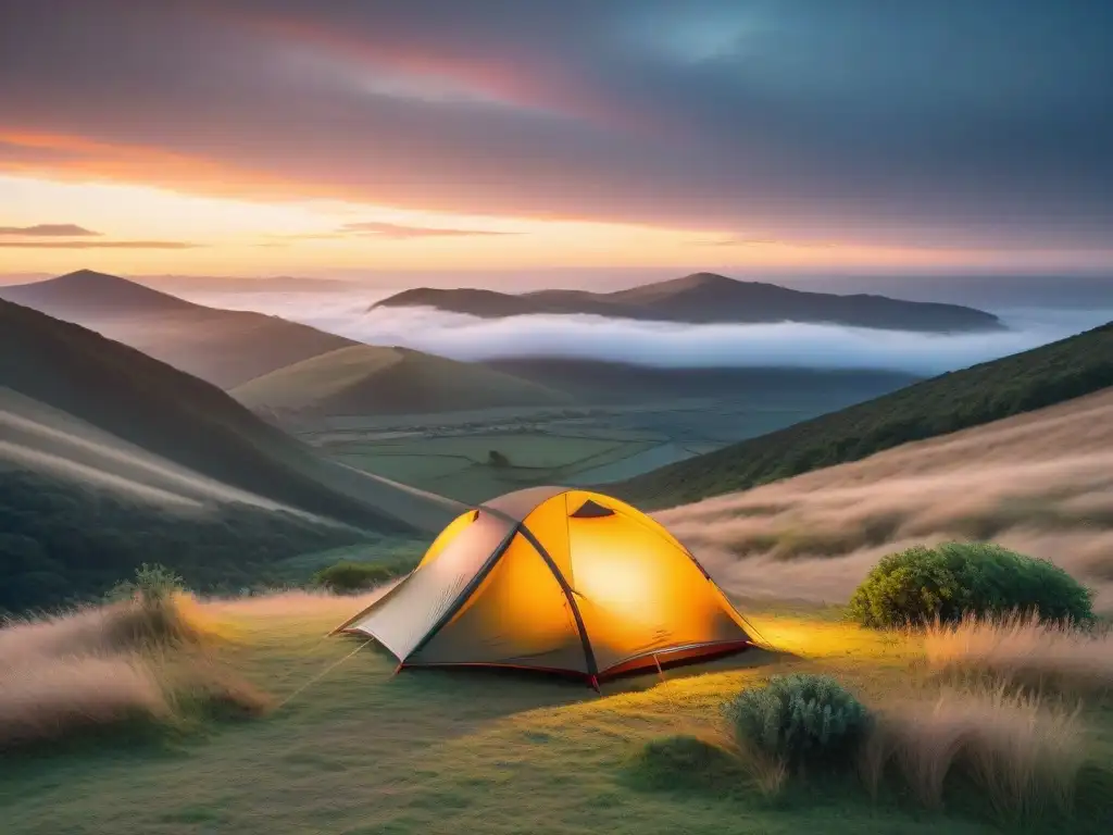 Tienda de campaña de lujo en colinas de Uruguay al atardecer Tienda de campaña alta gama en Uruguay, detallada y lujosa, iluminada por dentro al atardecer en colinas