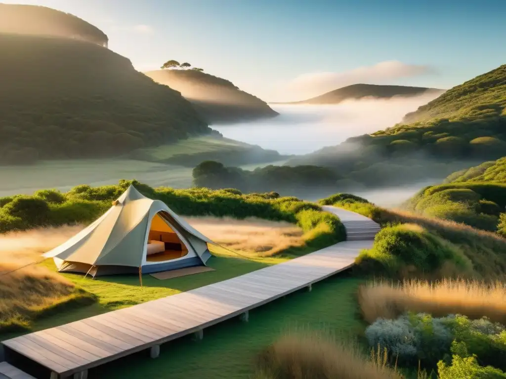 Tienda de lujo en Uruguay: acogedora elegancia en la naturaleza Tienda de campaña de alta gama en el campo de Uruguay al atardecer