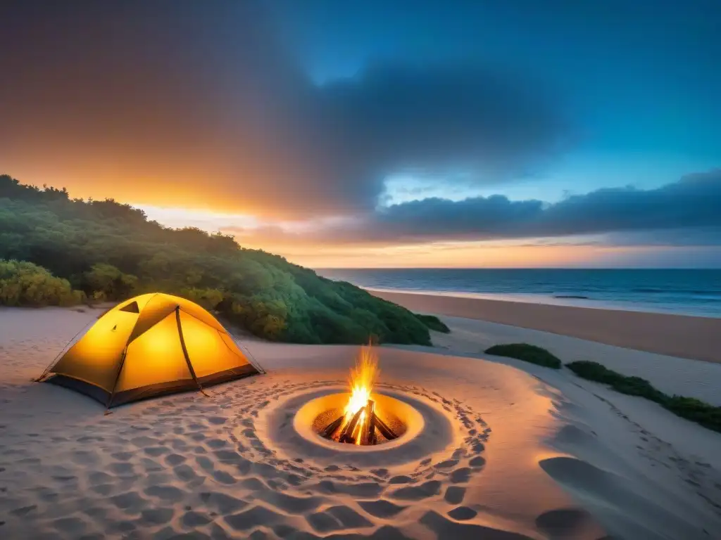 Glamping de lujo en playa de Uruguay al atardecer Tienda de campaña de alta gama en una playa de Uruguay al atardecer, ambiente sofisticado y relajante