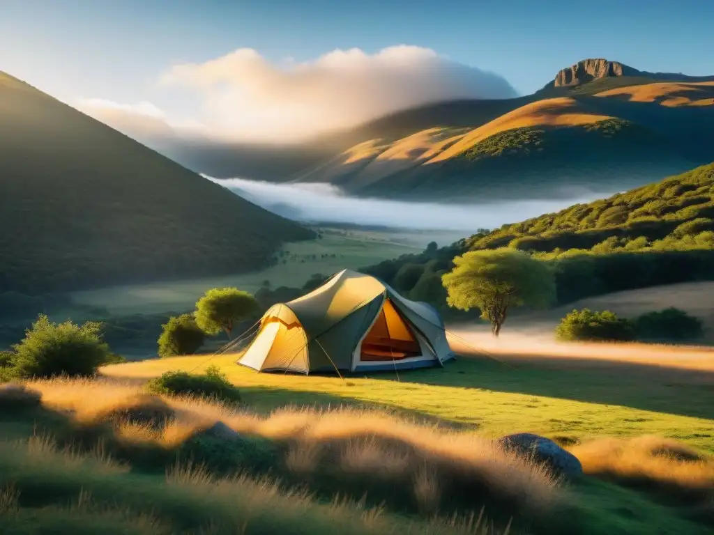 Tienda de lujo en paisaje uruguayo: confort y elegancia al aire libre Una tienda de campaña de alta gama en un paisaje uruguayo pintoresco, con equipamiento lujoso y elegante