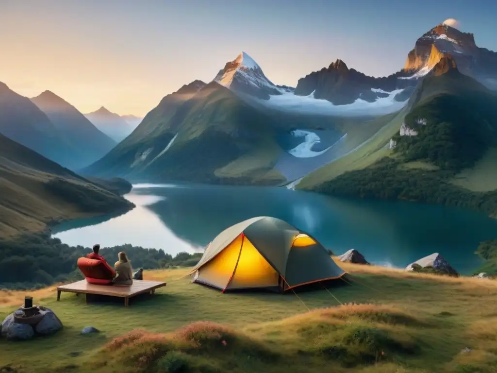 Experiencia de lujo en tienda de campaña frente a montañas al amanecer Amanecer en tienda de campaña de alta gama en las montañas