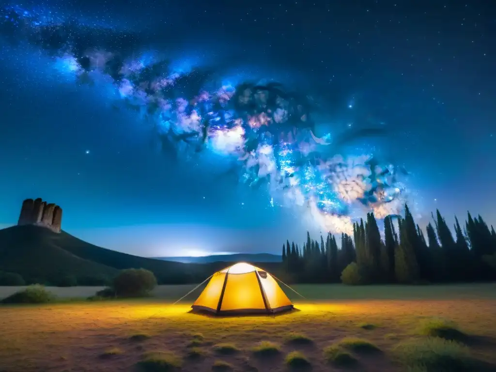 Noche estrellada sobre campamento en Uruguay Una tienda de campaña iluminada en la mejor zona de acampada para observación astronómica en Uruguay, bajo la Vía Láctea y un cielo estrellado
