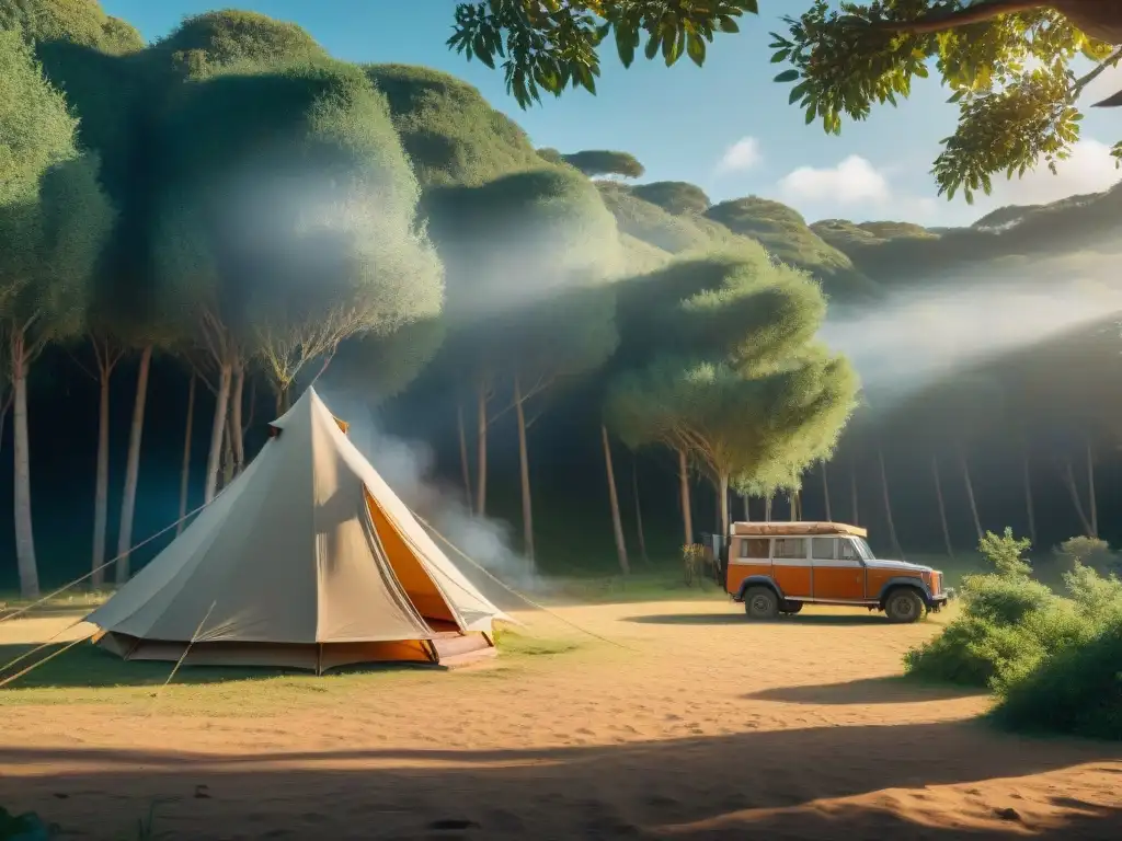 Tienda de campaña tradicional en un entorno natural en Uruguay Tienda de campaña de lona en camping tranquilo de Uruguay