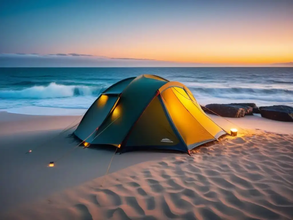 Tent de lujo en playa de Uruguay: diseño elegante y amplio Tienda de campaña de lujo en playa de Uruguay al atardecer, iluminada por linterna, con mar de fondo y cielo vibrante