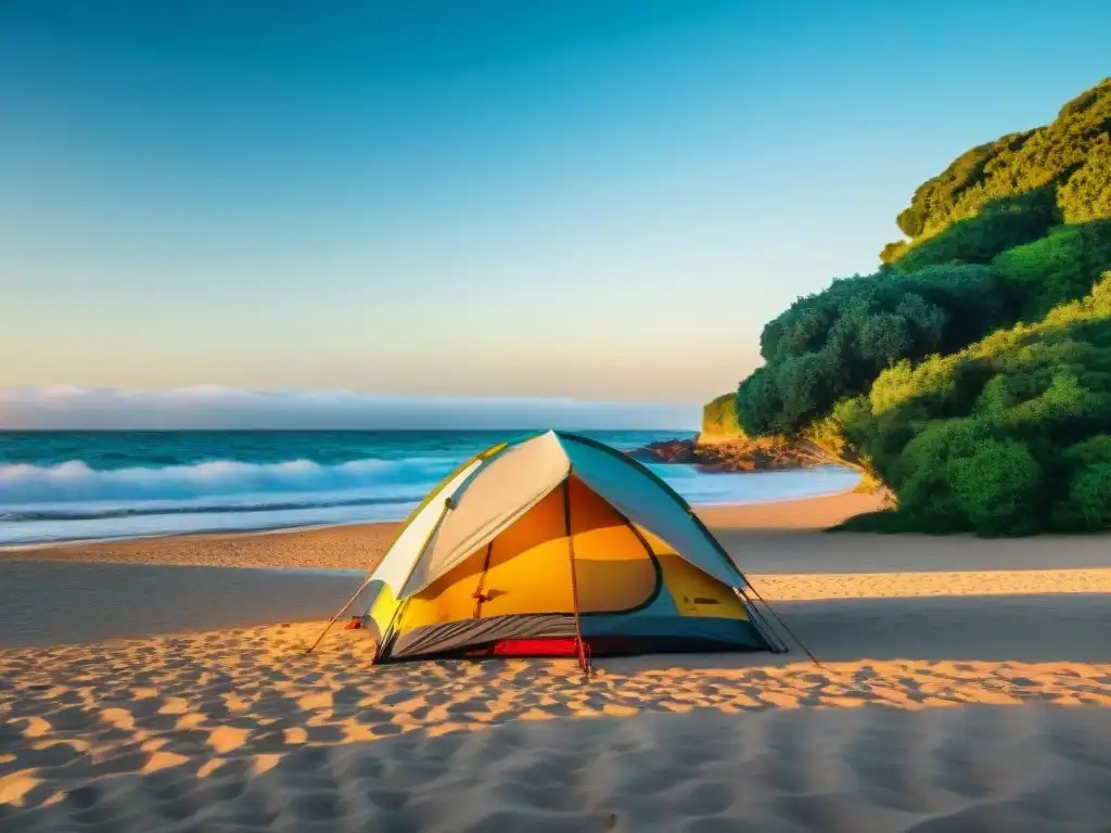 Camping en la playa de Uruguay al amanecer Tienda de campaña en la playa al amanecer en Uruguay, rodeada de naturaleza, transmitiendo seguridad y tranquilidad