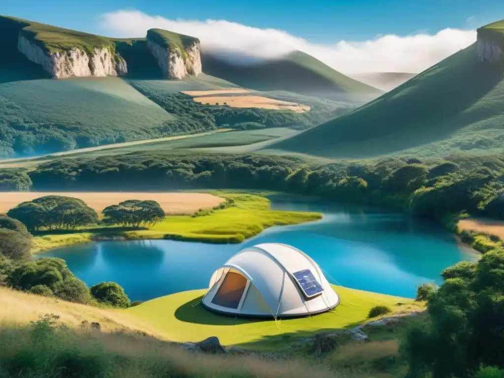 Tentecnología futurista en paisaje uruguayo Una tienda de campaña tecnológica futurista en los verdes paisajes de Uruguay