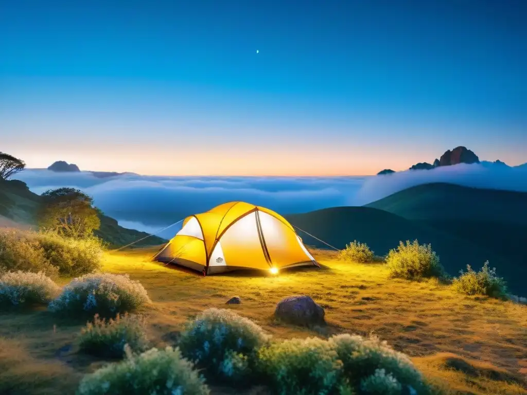 Tienda de camping futurista en la naturaleza de Uruguay Tienda de campaña tecnológica en la naturaleza de Uruguay con energía solar y diseño innovador