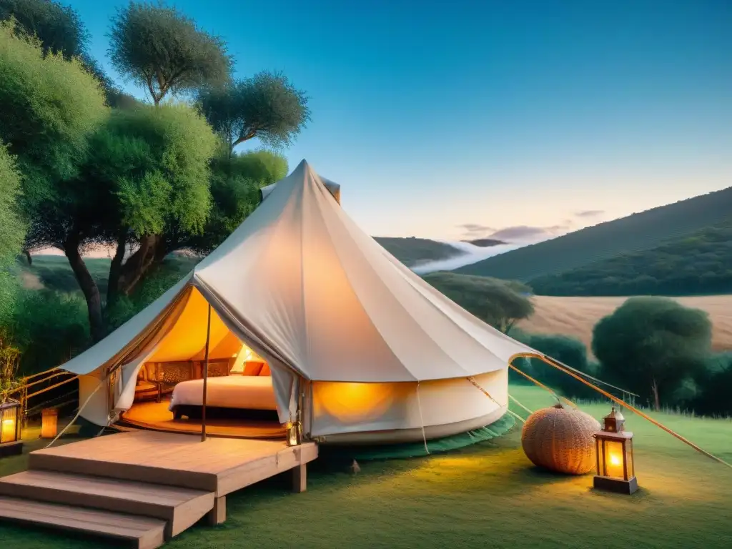 Glamping de lujo en el campo uruguayo: mate y tradición Una tienda de glamping acogedora en el campo uruguayo con mate y bombilla en primer plano