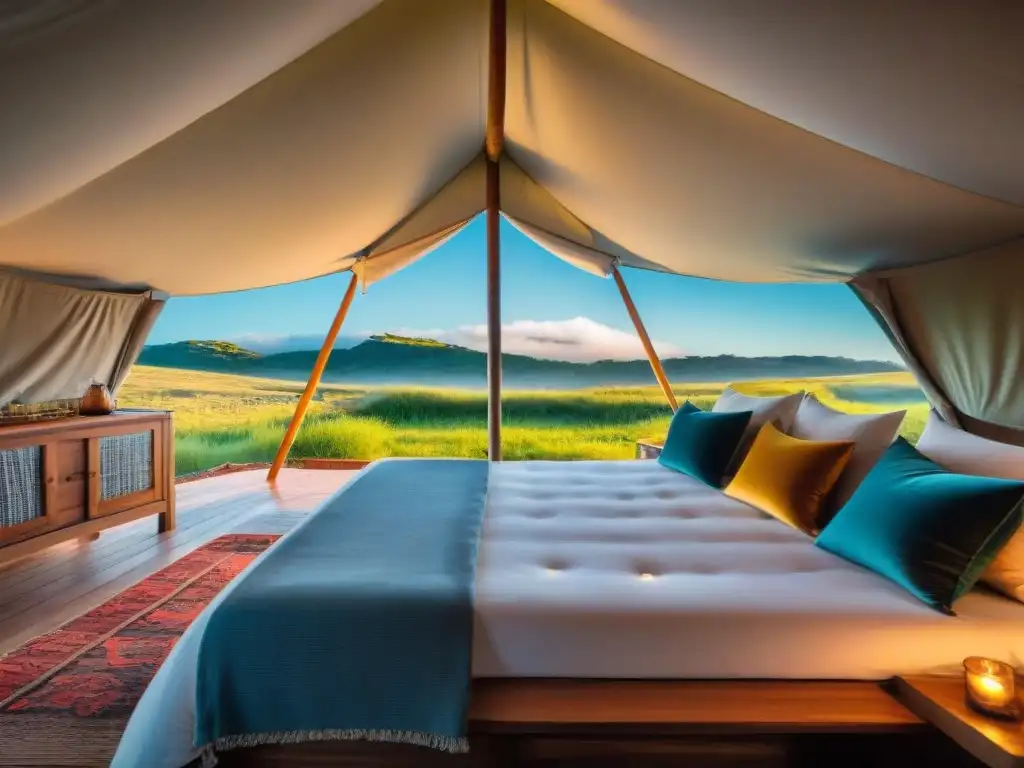 Glamping de lujo en Uruguay: la belleza natural en su máxima expresión Una tienda de glamping de lujo en Uruguay, con decoración elegante y vistas pintorescas