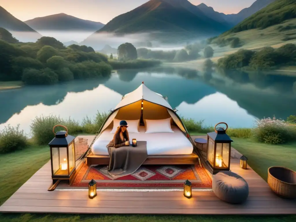 Glamping de lujo junto al lago Una tienda de glamping lujosa en un entorno natural, con accesorios decorativos y una pareja disfrutando del atardecer