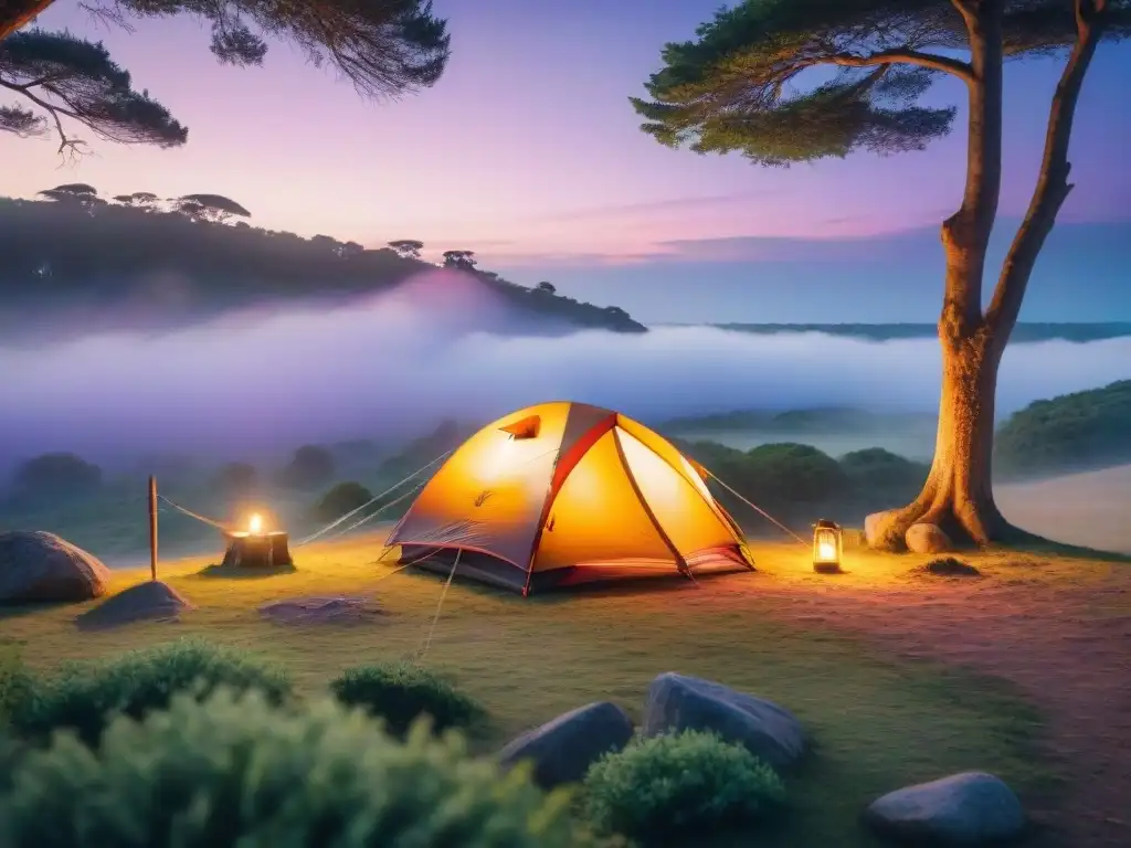 Campamento sereno al atardecer en Uruguay: naturaleza y tranquilidad Acampar en Uruguay: tienda iluminada en un atardecer sereno, rodeada de vegetación exuberante y un cielo colorido