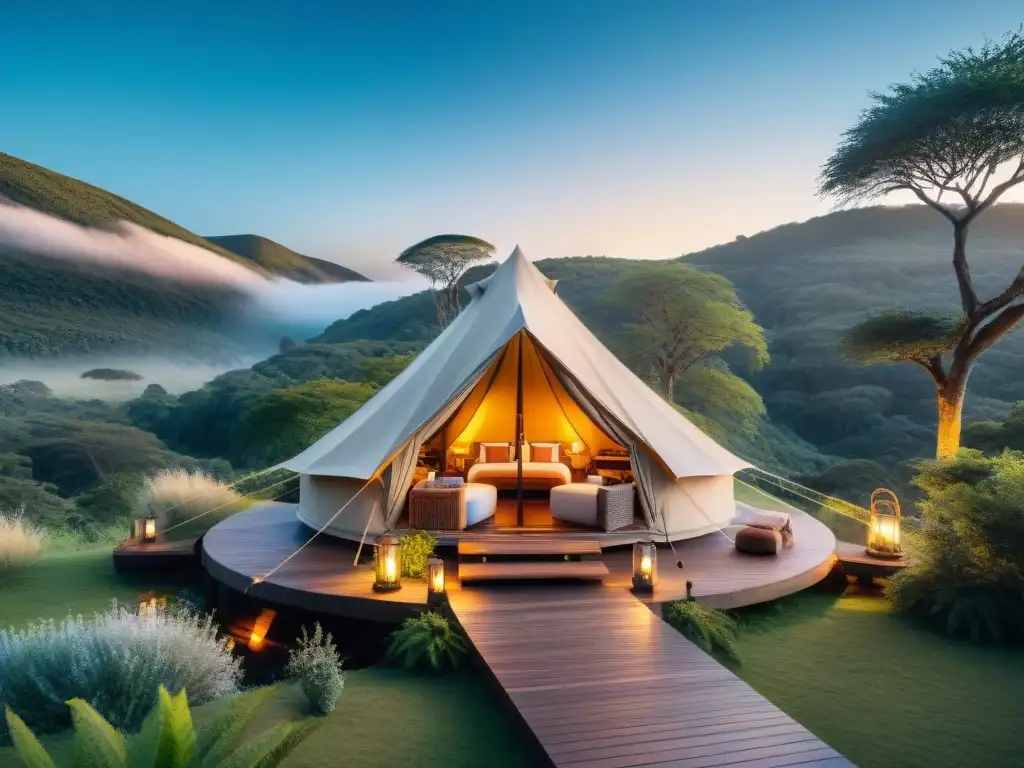 Tienda de glamping de lujo en la naturaleza de Uruguay Tienda de lujo en medio de la naturaleza uruguaya, con mobiliario elegante y acogedor, rodeada de árboles altos y cielo azul