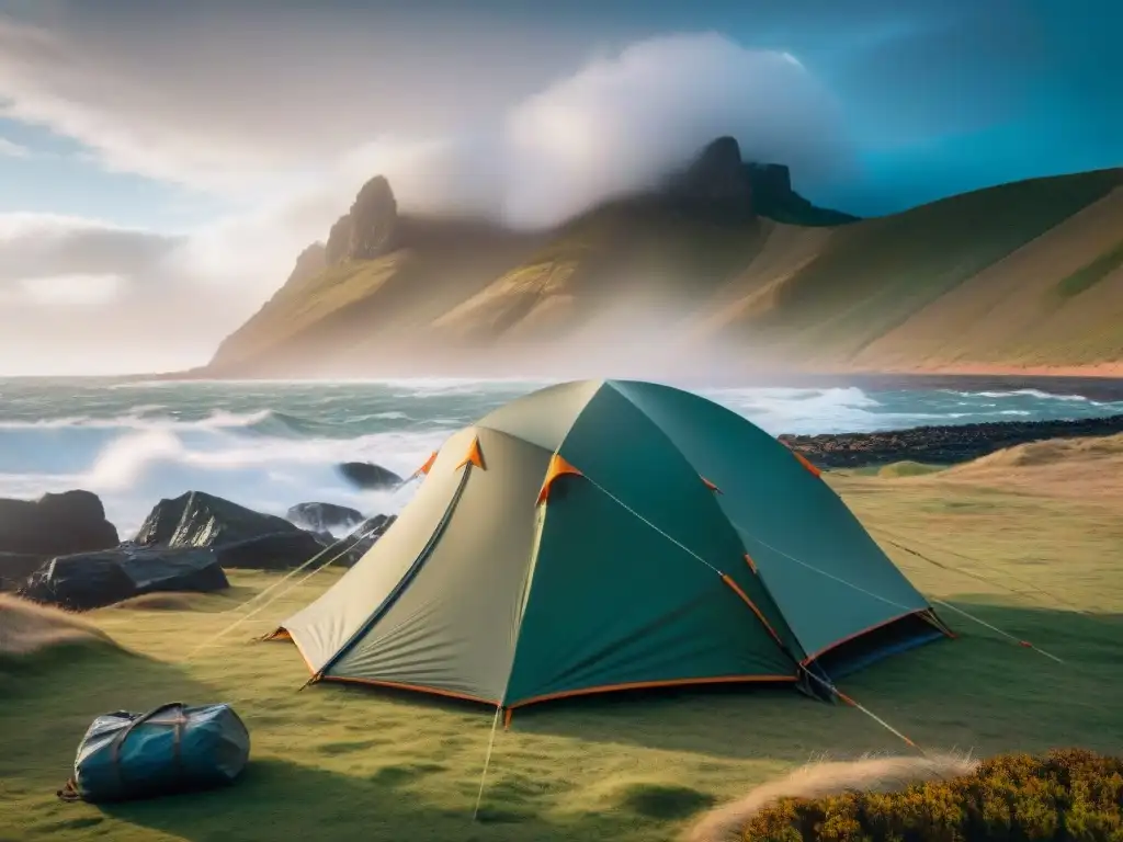 Tienda resistente al viento en la costa de Uruguay Tienda resistente al viento en la costa uruguaya, ondeando con fuerza frente al mar agitado