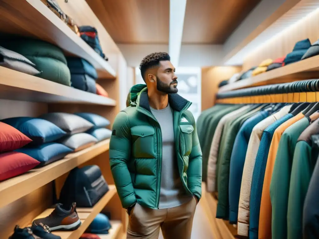 Tienda de camping de alta gama: moda técnica para aventureros Tienda de ropa de camping de calidad con clientes explorando productos técnicos en un ambiente moderno y luminoso