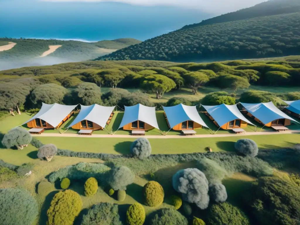 Campamento de lujo en Uruguay: Naturaleza y elegancia Tiendas de campaña alta gama en Uruguay rodeadas de naturaleza exuberante y colinas, reflejando lujo y confort