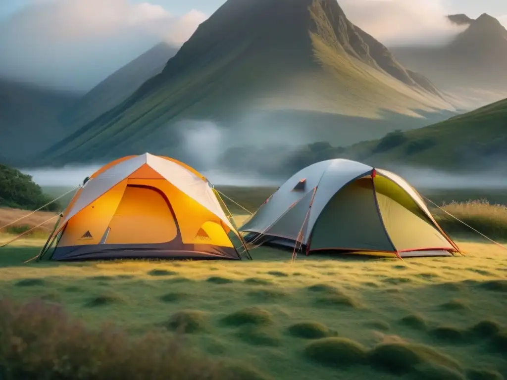 Tents de camping: moderno vs tradicional al atardecer Dos tiendas de campaña en contraste en prado verde al atardecer
