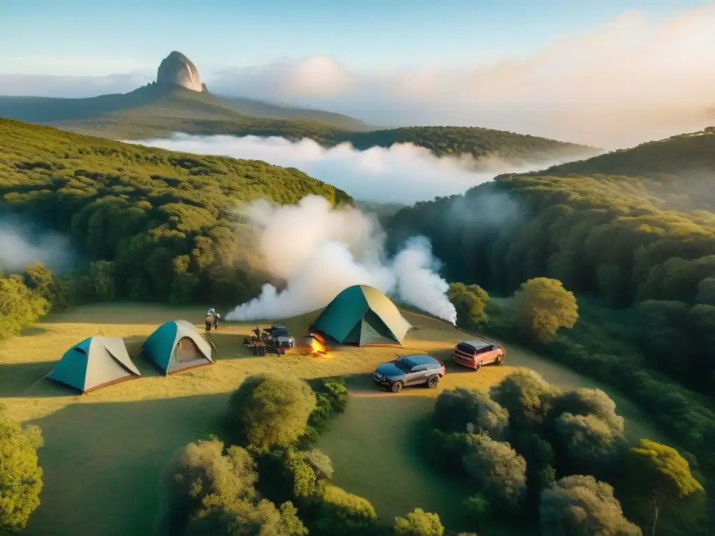 Campamento en Uruguay: Aventura entre la naturaleza con dron Acampando en Uruguay, campistas montan tiendas mientras un dron captura la escena
