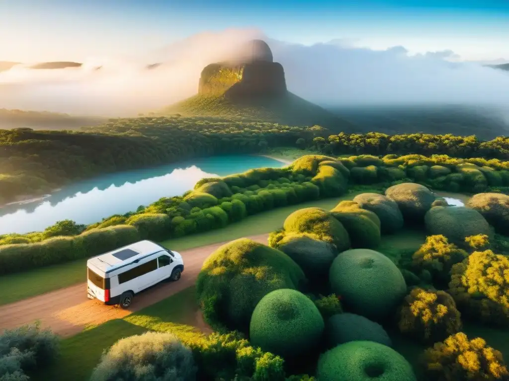 Campamento en Uruguay al atardecer: vehículos con tiendas en el techo junto a un lago sereno Tiendas de techo para camping en un campamento en Uruguay durante la hora dorada, rodeado de naturaleza y un lago sereno