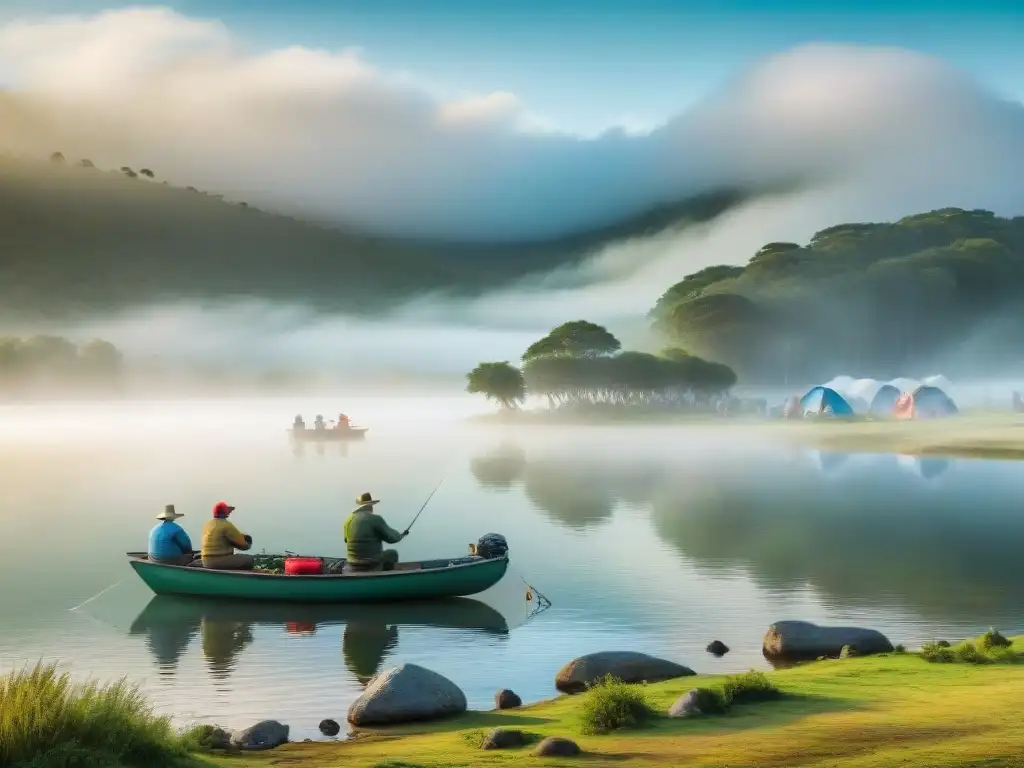 Competencia de Pesca: Amanecer en Lago Uruguay Torneos de pesca en Uruguay: Anglers preparando sus cañas junto al lago en la brumosa mañana, rodeados de naturaleza y camaradería